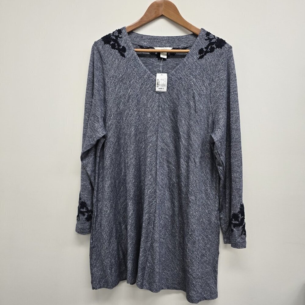 NEW CJ Banks Embroidered V-Neck Tunic Top Blouse Size 1X Marled Blue NWT
